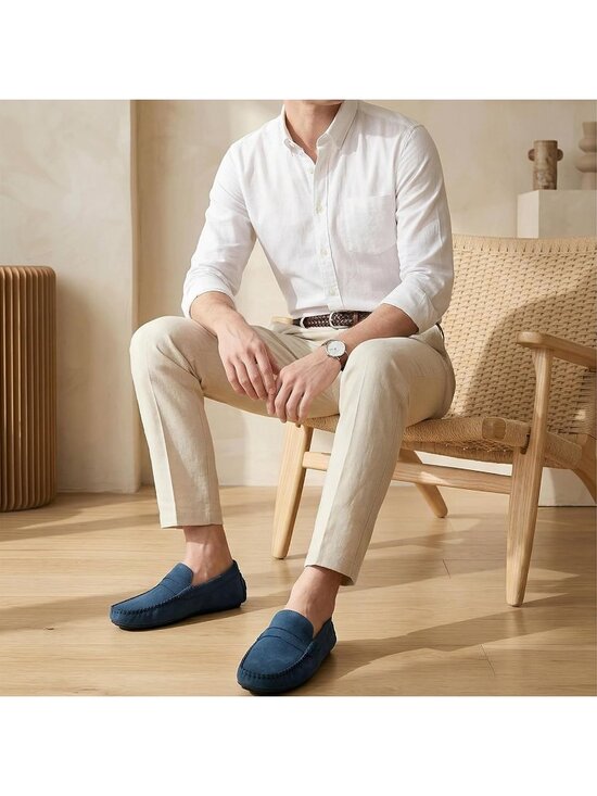 Men\'s Blue Suede Penny Loafers Slip-On Driving Moccasins Casual Flat Shoes